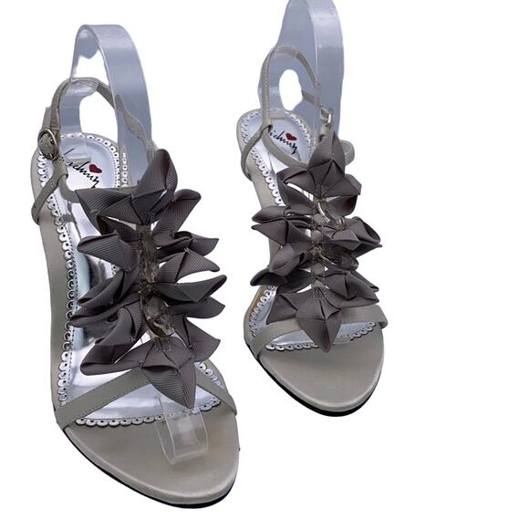 Luichiny Primal Silver Satin Bow Faux Gem Embellished Open Toe Ankle Strap Heels - Picture 1 of 7